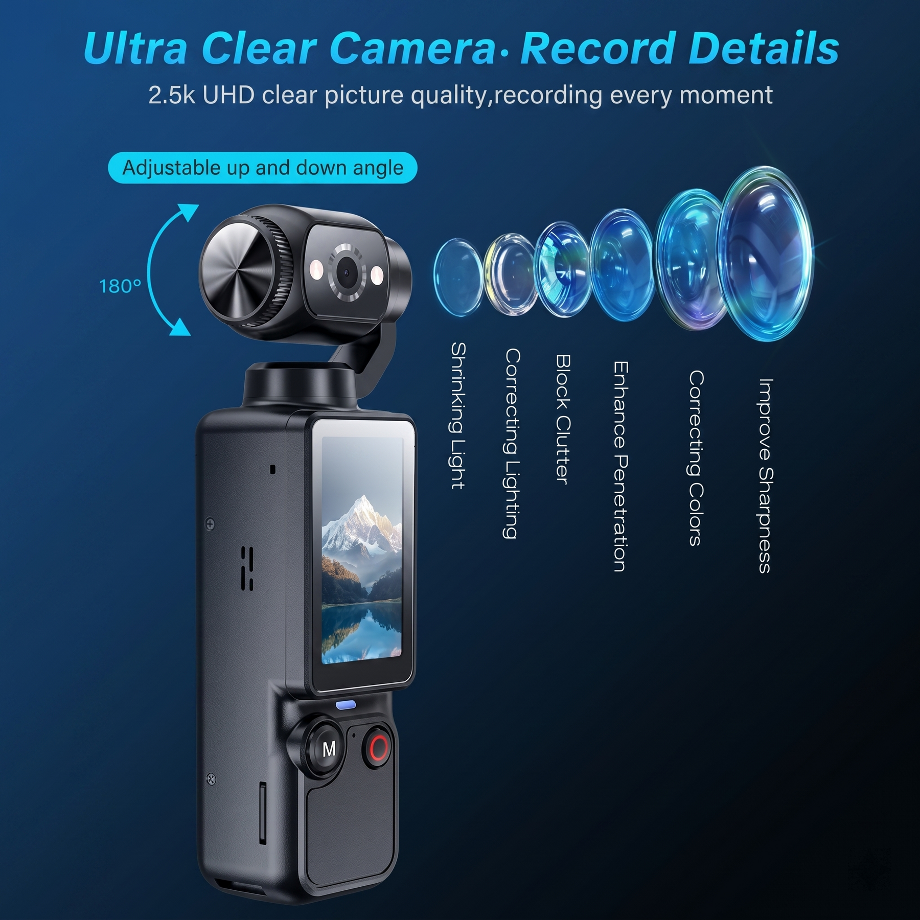 Velora™ PocketCam Q7 Pro – 180° Rotating Pocket Vlogging Camera with 2.5K Video, Fill Light