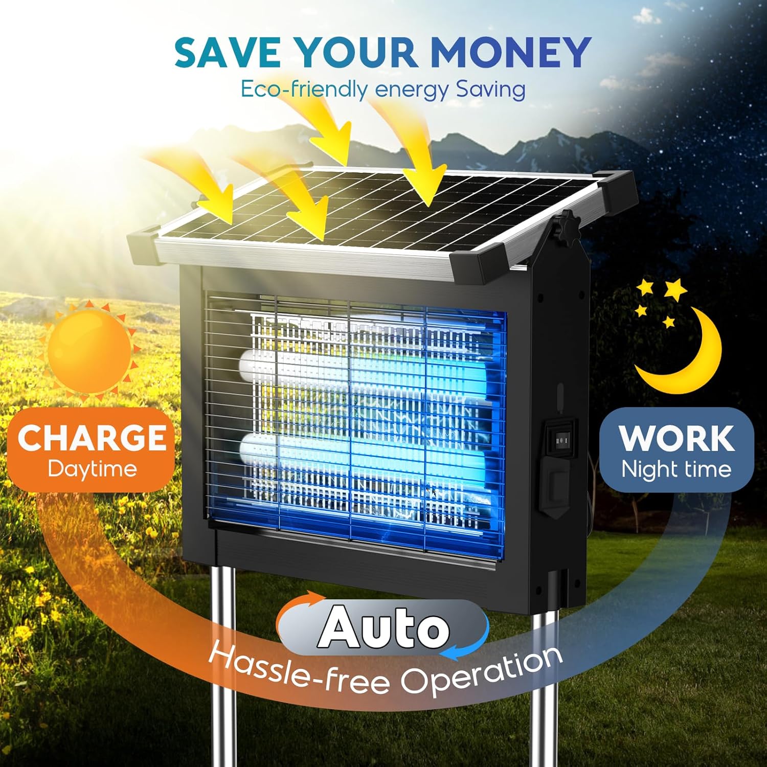 🔥Last Day: 49% OFF🔥 Solar Bug Zapper Outdoor, 4500V Mosquito Zapper Waterproof Electric Fly Zapper Rechargeable Mosquito Killer Lamp with 10W Solar Panel, Cordless Fly Trap for Backyard, Patio, Garden, RV, Camping